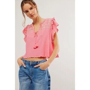 FREE PEOPLE SARAFINA PEACH LEMONADE COMBO EMBROIDERED TASSEL TOP Size Large Boho